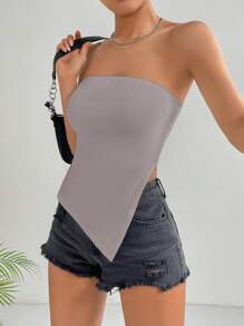 SHEIN EZwear Solid Asymmetrical Hem Tube Top - Grey - View 1
