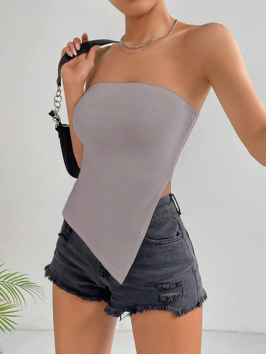 SHEIN EZwear Solid Asymmetrical Hem Tube Top - Grey - View 1
