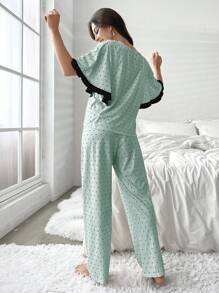 Bộ đồ ngủ Nữ Tương phản ren Xù Chấm bi - Màu xanh Bạc hà - Xem 2