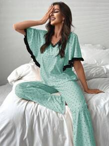 Bộ đồ ngủ Nữ Tương phản ren Xù Chấm bi - Màu xanh Bạc hà - Xem 3