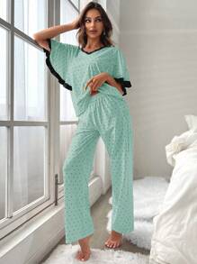Bộ đồ ngủ Nữ Tương phản ren Xù Chấm bi - Màu xanh Bạc hà - Xem 4
