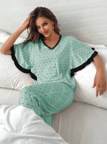 Bộ đồ ngủ Nữ Tương phản ren Xù Chấm bi - Màu xanh Bạc hà - Xem 5