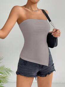 SHEIN EZwear Solid Asymmetrical Hem Tube Top - Grey - View 4