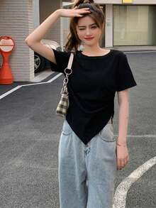 素色不對稱下擺T恤 - 黑色 - 查看 3