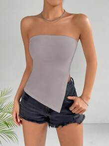 SHEIN EZwear Solid Asymmetrical Hem Tube Top - Grey - View 6