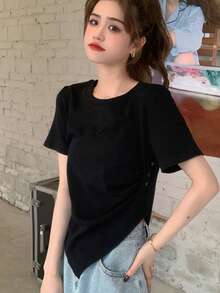 素色不對稱下擺T恤 - 黑色 - 查看 6