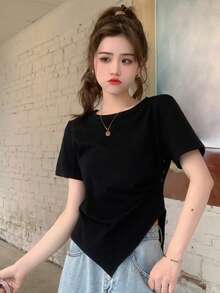 素色不對稱下擺T恤 - 黑色 - 查看 8