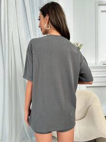 字母圖案落肩T恤和短褲休閒服套裝 - 灰色 - 查看 2