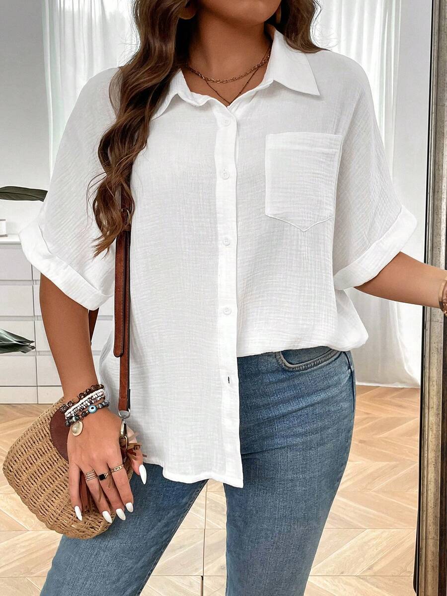 SHEIN LUNE 大碼素色蝙蝠袖口袋貼布前紐扣襯衫 - 白色 - 查看 1