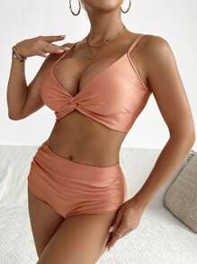 SHEIN Twist Front High Waisted Bikini Set For Summer Beach - Coral Orange - View 1