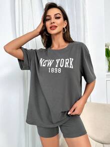 字母圖案落肩T恤和短褲休閒服套裝 - 灰色 - 查看 6