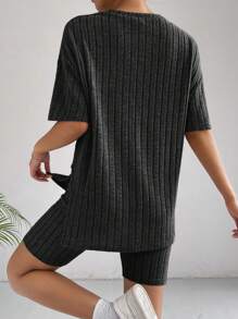 SHEIN EZwear 落肩T恤和騎行褲 - 黑色 - 查看 2