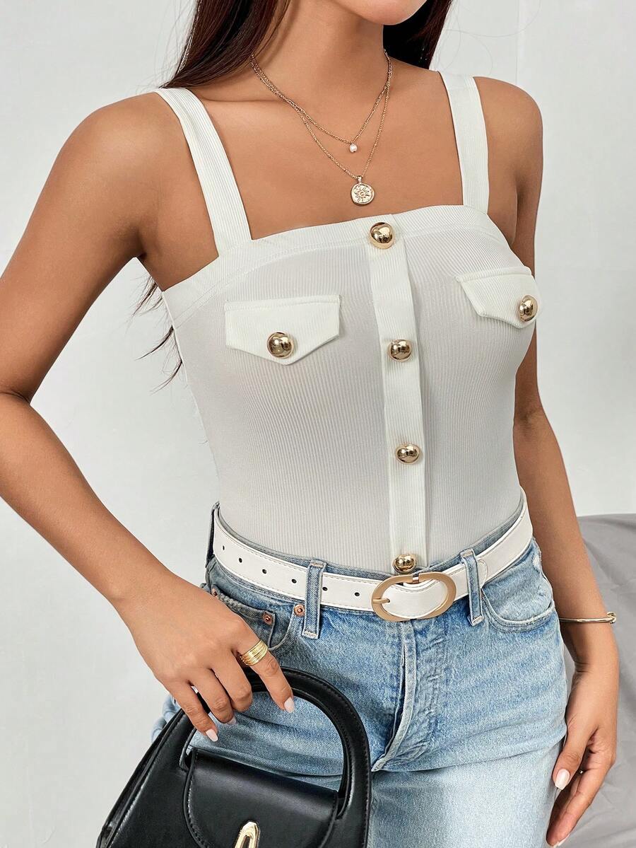 SHEIN Privé 前紐扣吊帶上衣 - 白色 - 查看 1