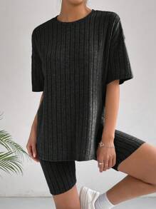 SHEIN EZwear 落肩T恤和騎行褲 - 黑色 - 查看 3