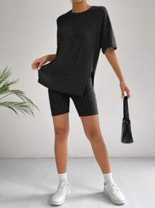 SHEIN EZwear 落肩T恤和騎行褲 - 黑色 - 查看 4