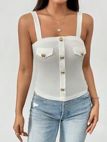 SHEIN Privé 前紐扣吊帶上衣 - 白色 - 查看 5