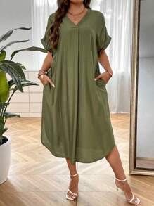 SHEIN LUNE Vestido unicolor de cuello V de manga murciélago - Verde Oliva - Ver 1