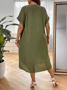 SHEIN LUNE Vestido unicolor de cuello V de manga murciélago - Verde Oliva - Ver 2