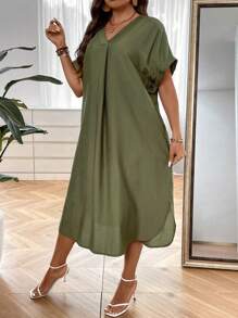 SHEIN LUNE Vestido unicolor de cuello V de manga murciélago - Verde Oliva - Ver 3