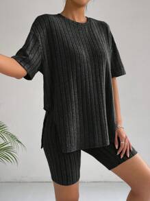 SHEIN EZwear 落肩T恤和騎行褲 - 黑色 - 查看 7