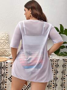 SHEIN Swim Curve 加大码热带印花比基尼带罩衫夏日海滩