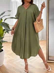 SHEIN LUNE Vestido unicolor de cuello V de manga murciélago - Verde Oliva - Ver 5