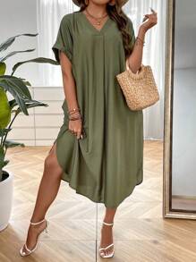 SHEIN LUNE Vestido unicolor de cuello V de manga murciélago - Verde Oliva - Ver 6