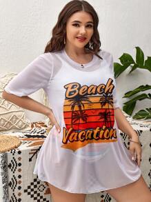 SHEIN Swim Curve 加大码热带印花比基尼带罩衫夏日海滩