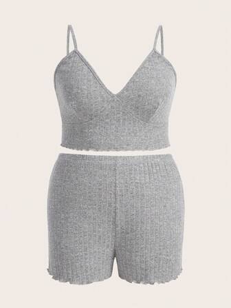 Plus Ensemble De Pyjama Short & Top À Fines Brides À Ourlet Ondulé