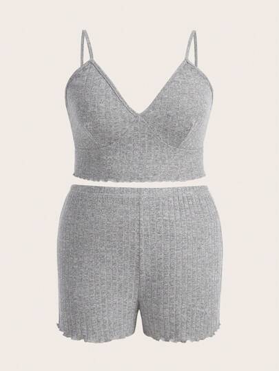 Talla grande Conjunto de pijama shorts con top de tirantes ribete en forma de lechuga