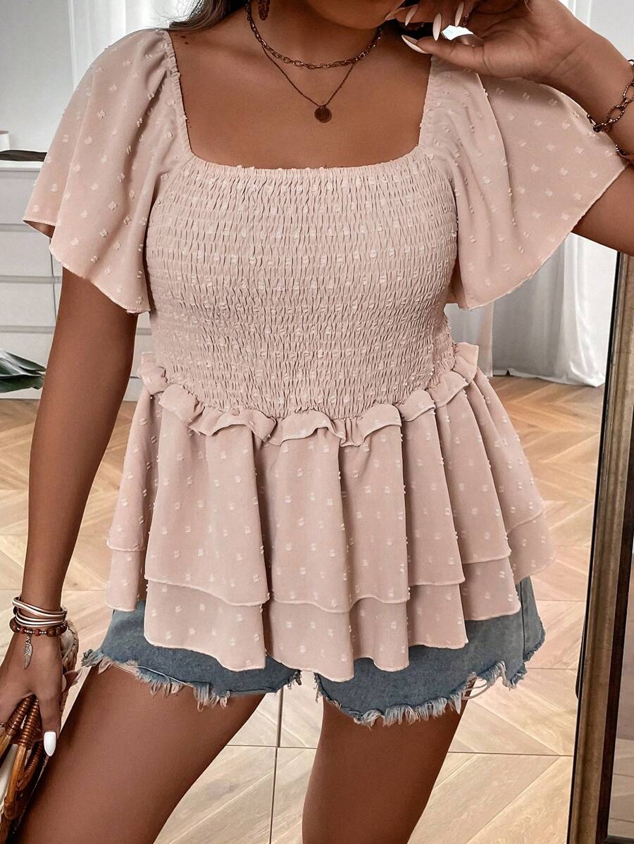 SHEIN LUNE Plus Swiss Dot Frill Trim Blouse - Apricot - View 1