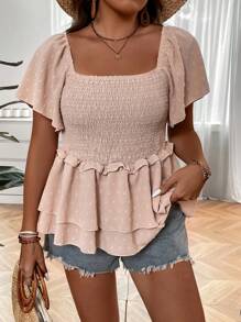 SHEIN LUNE Plus Swiss Dot Frill Trim Blouse - Apricot - View 5