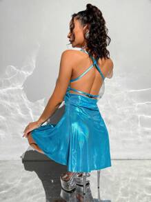 SHEIN ICON Váy Dây Kim loại Crisscross Backless - Màu xanh bạc hà - Xem 1