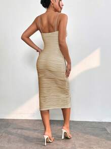 SHEIN PETITE Đầm Lộ Lưng Xù Tách cao Textured màu trơn Thanh lịch - Lạc đà - Xem 2