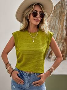 SHEIN LUNE Camiseta unicolor de manga casquillo - Verde Oliva - Ver 4