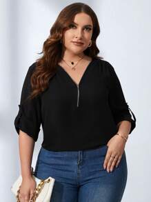 SHEIN Clasi Áo sơ mi Plus Size Nút Dây kéo màu trơn Giải trí - màu đen - Xem 3