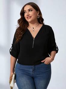 SHEIN Clasi Áo sơ mi Plus Size Nút Dây kéo màu trơn Giải trí - màu đen - Xem 5