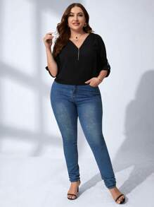 SHEIN Clasi Áo sơ mi Plus Size Nút Dây kéo màu trơn Giải trí - màu đen - Xem 6