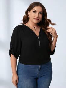 SHEIN Clasi Áo sơ mi Plus Size Nút Dây kéo màu trơn Giải trí - màu đen - Xem 7