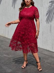 SHEIN Clasi Đầm Plus Size Dây kéo Tương phản Mesh Loại bướm Thanh lịch - Đỏ - Xem 1