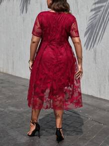 SHEIN Clasi Đầm Plus Size Dây kéo Tương phản Mesh Loại bướm Thanh lịch - Đỏ - Xem 2