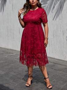 SHEIN Clasi Đầm Plus Size Dây kéo Tương phản Mesh Loại bướm Thanh lịch - Đỏ - Xem 3