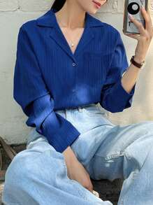 DAZY 實色口袋拼接襯衫 - 寶藍色 - 查看 6