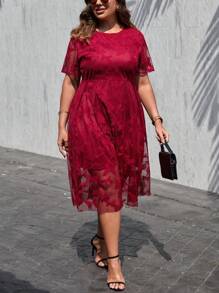 SHEIN Clasi Đầm Plus Size Dây kéo Tương phản Mesh Loại bướm Thanh lịch - Đỏ - Xem 4