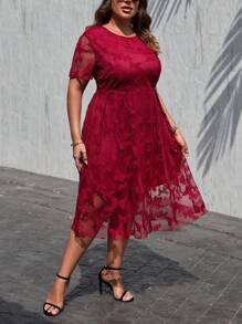 SHEIN Clasi Đầm Plus Size Dây kéo Tương phản Mesh Loại bướm Thanh lịch - Đỏ - Xem 5