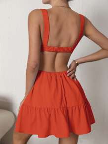 Soleia Cut Out Ruched Ruffle Hem Cami Dress - Orange - View 2