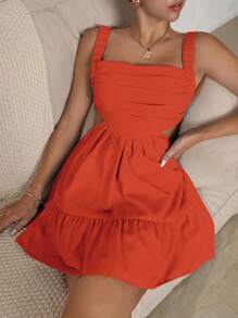 Soleia Cut Out Ruched Ruffle Hem Cami Dress - Orange - View 4