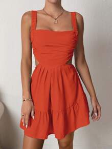 Soleia Cut Out Ruched Ruffle Hem Cami Dress - Orange - View 5