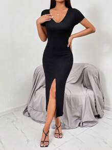 SHEIN Privé 素色高衩緊身連衣裙 - 黑色 - 查看 2