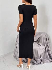 SHEIN Privé 素色高衩緊身連衣裙 - 黑色 - 查看 3